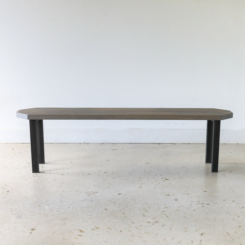 Clipped Corner Bench Pictured in White Oak Gray &amp; Blackened Metal 