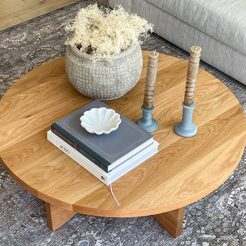 Sculptural Round Wood Coffee Table Pictured in White Oak / Clear