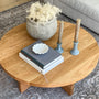 Sculptural Round Wood Coffee Table Pictured in White Oak Clear in influencer Julie Baird's living room.