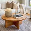 Sculptural Round Wood Coffee Table Pictured in White Oak Clear in influencer Julie Baird's living room.
