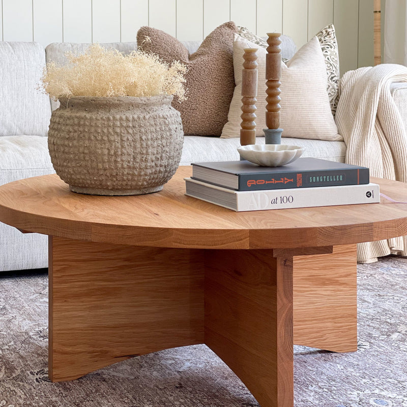 Sculptural Round Wood Coffee Table Pictured in White Oak / Clear