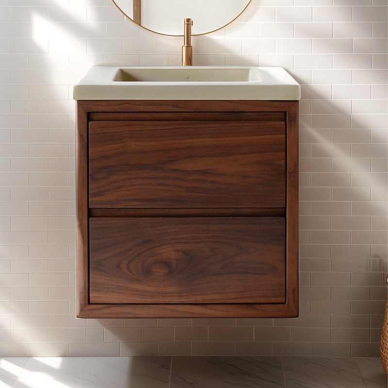24&quot; 2-Drawer Floating Vanity / Single Sink Pictured In Walnut Clear Featured with our &lt;a href=&quot;https://wwmake.com/products/60inch-integral-single-sink-vanity-top-tfc&quot;&gt; Concrete Vanity Top with integral sink &lt;/a&gt; in Sand