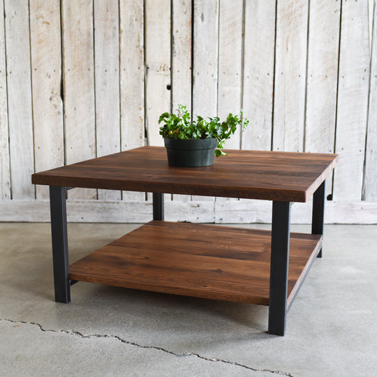 Square Industrial Modern Coffee Table with Lower Shelf