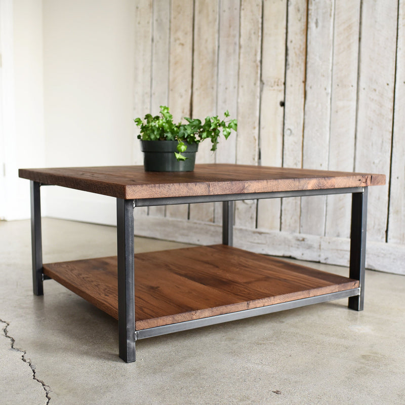 Square Industrial Modern Coffee Table with Lower Shelf
