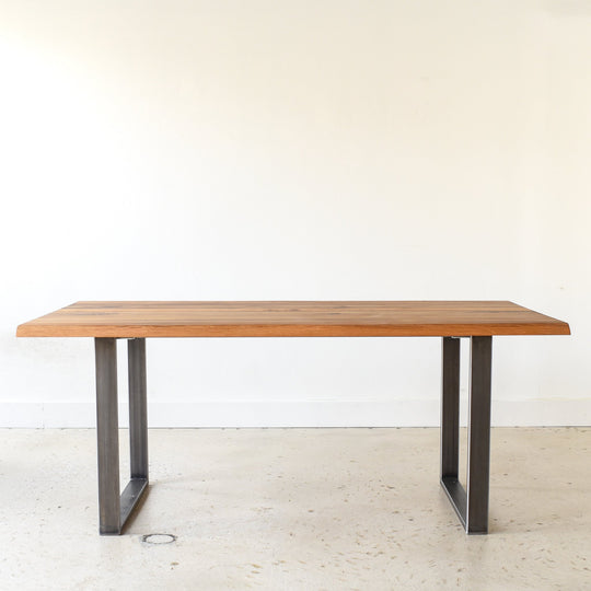 Live Edge Modern Dining Table in Reclaimed Oak Clear & Antiqued Steel 'U-Shaped' Legs