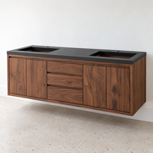 72" Modern Floating Wood Vanity / Double Sink Pictured In Walnut Clear Featured with our <a href="https://wwmake.com/products/concrete-vanity-top-double-rectangle-undermount-sinks"> Concrete Vanity Top / Double Rectangular Undermount Sink </a> Pictured In Black Concrete
