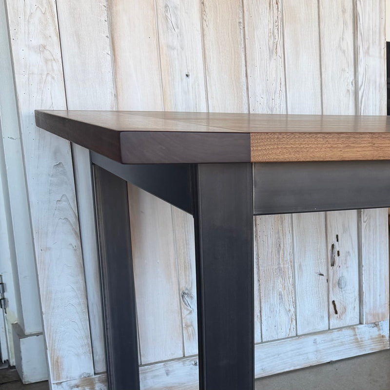 In Stock 72"L Walnut Dining Table with Blackened Metal Legs &amp; Steel Frame — Breadboard Ends — Ready to Ship