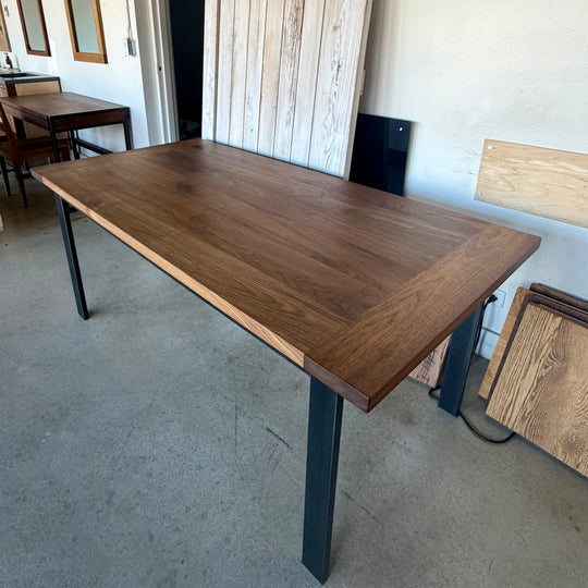 Steel- Frame Dining Table — In Walnut Clear & Blackened Metal Legs