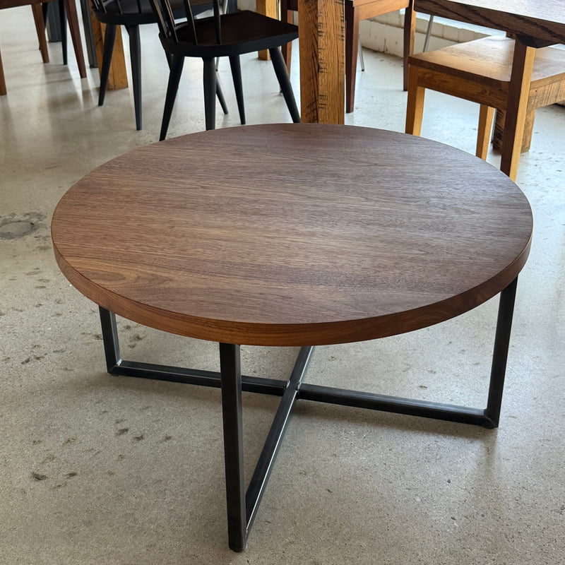In Stock 34" Diameter Walnut Round Coffee Table with Clear Finish and Blackened Metal Legs — Ready to Ship