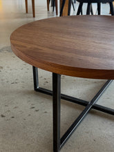 In Stock 34" Diameter Walnut Round Coffee Table with Clear Finish and Blackened Metal Legs — Ready to Ship