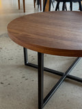 In Stock 34" Diameter Walnut Round Coffee Table with Clear Finish and Blackened Metal Legs — Ready to Ship