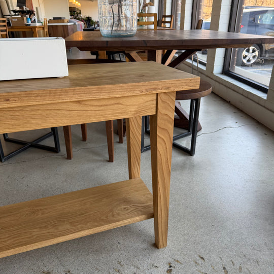 In Stock 68”L Tapered Leg Console Table with Hidden Drawer in White Oak Natural — Ready to Ship