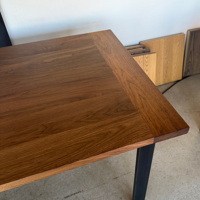 In Stock 72"L Walnut Dining Table with Blackened Metal Legs &amp; Steel Frame — Breadboard Ends — Ready to Ship