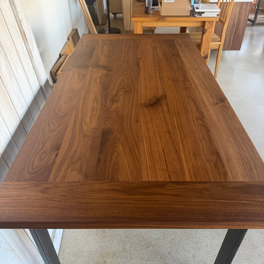 Steel- Frame Dining Table — In Walnut Clear & Blackened Metal Legs 