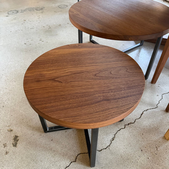 In Stock 22" Diameter Walnut Round End Table with Clear Finish and Blackened Legs — Ready to Ship (2 Available)