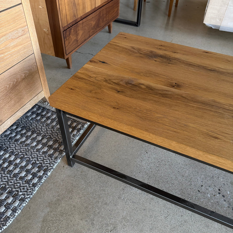 In stock 36" Stoic coffee table in Reclaimed Oak Clear finish and Antiqued metal legs — Ready to Ship