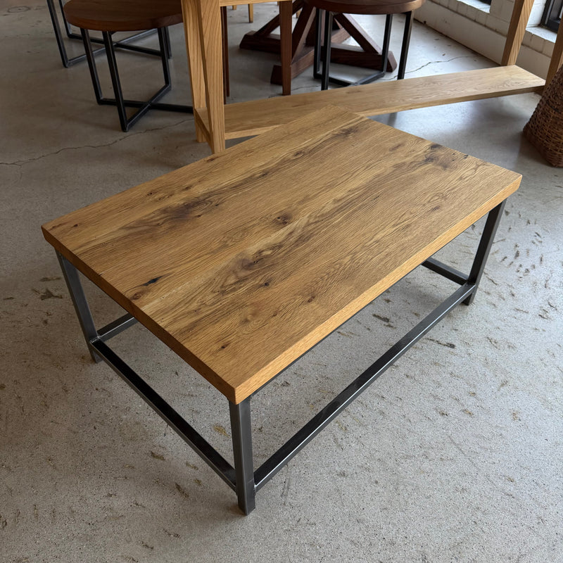 In stock 36" Stoic coffee table in Reclaimed Oak Clear finish and Antiqued metal legs — Ready to Ship
