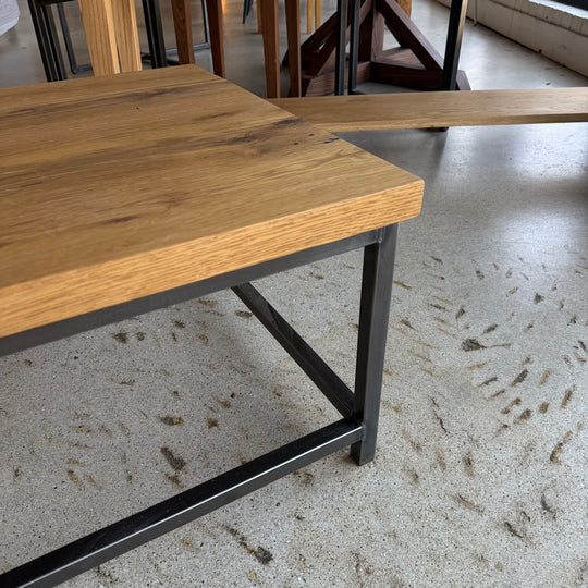 In stock 36" Stoic coffee table in Reclaimed Oak Clear finish and Antiqued metal legs — Ready to Ship