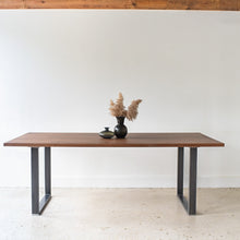 Industrial Modern Dining Table Pictured In Walnut Clear &amp; Antiqued Metal