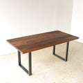 Industrial Modern Dining Table Pictured In Walnut Clear &amp; Antiqued Metal 