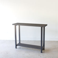 Industrial Modern Console Table With Lower Shelf Pictured In White Oak Black &amp; Blackened Metal
