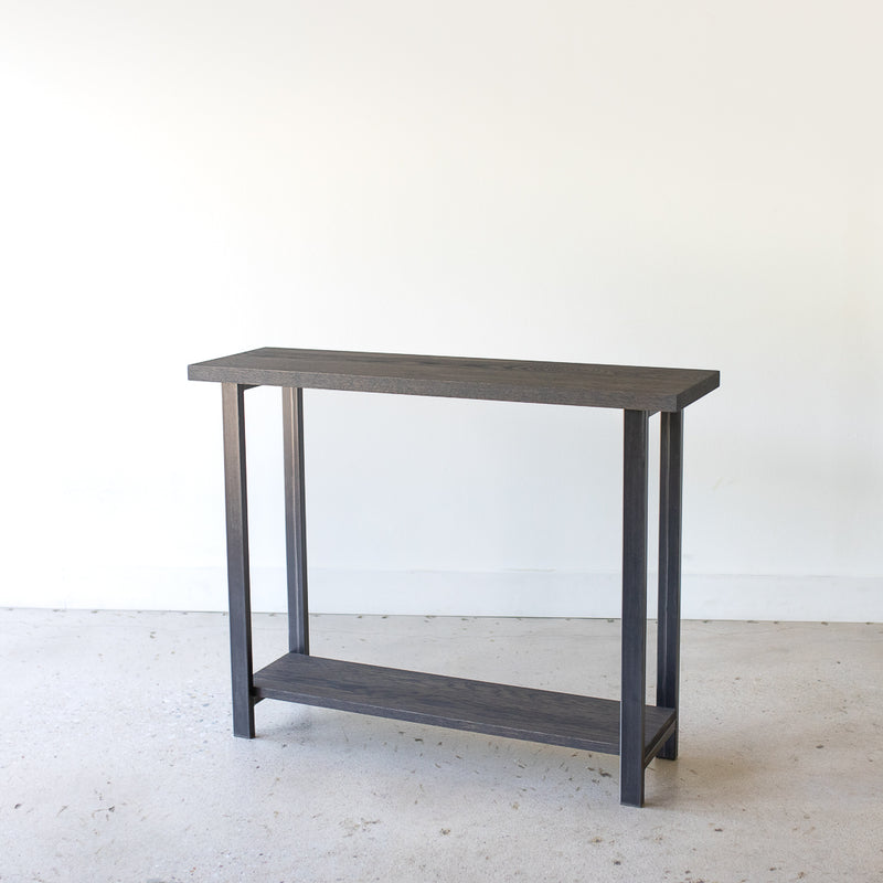 Industrial Modern Console Table With Lower Shelf Pictured In White Oak Black &amp; Blackened Metal