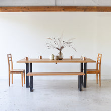 Industrial Modern Dining Table Pictured In White Oak Clear &amp; Blackened Metal U-Shaped Legs. Featured with our &lt;a href=&quot;https://wwmake.com/products/industrial-modern-reclaimed-wood-bench-u-shaped-metal-legs-anhr7&quot;&gt; Industrial Modern Bench&lt;/a&gt;  and our  &lt;a href=&quot;https://wwmake.com/products/reclaimed-wood-dining-chairs-barnwood-dining-chairs&quot;&gt; Farmhouse Wood Dining Chair&lt;/a&gt; 