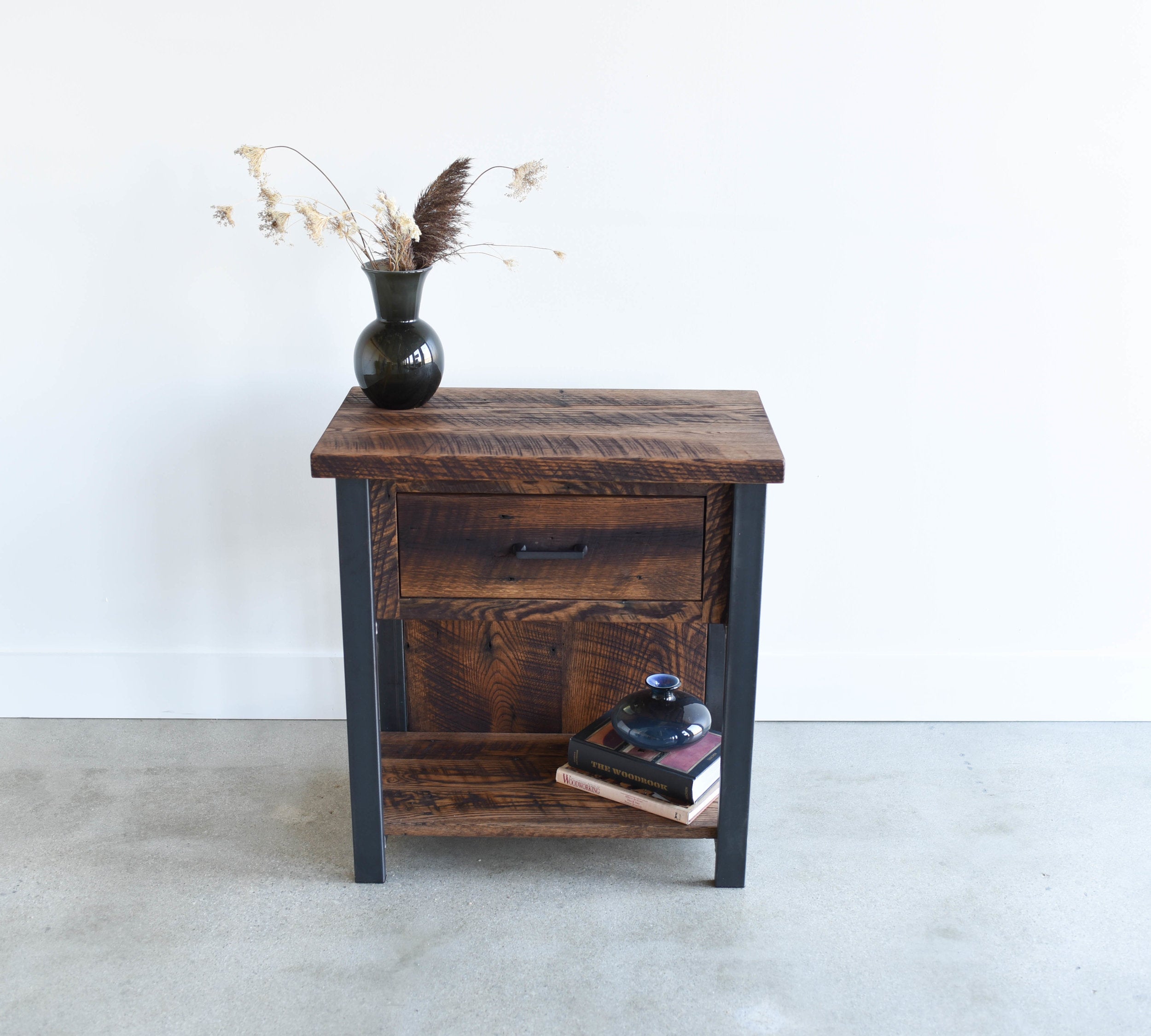 Industrial Wood Nightstand - Specifications: