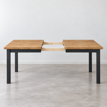 Industrial Plank Extendable Dining Table in White Oak Clear &amp; Blackened Metal Base