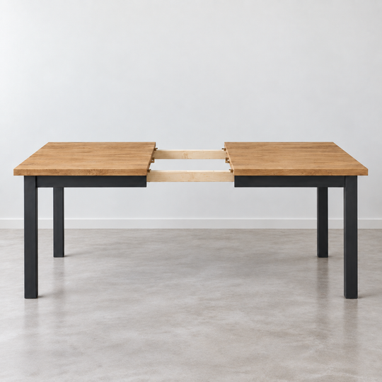 Industrial Plank Extendable Dining Table in White Oak Clear & Blackened Metal Base