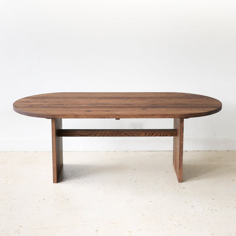 Modern Timber Oval Dining Table Pictured in Reclaimed Oak Walnut