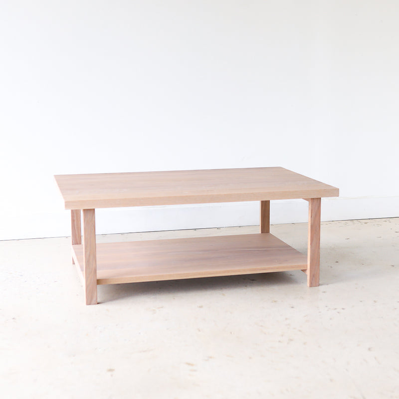 Modern Solid Wood Coffee Table With Lower Shelf Pictured In White Oak Natural 