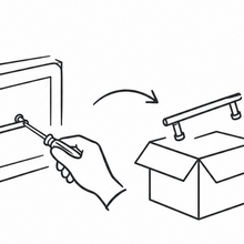 Black and white line art diagram showing a hand using a screwdriver to install a handle on a door, with an arrow pointing to a box containing the product, and the text 'Customer Install or Send to Us for Install' below.
