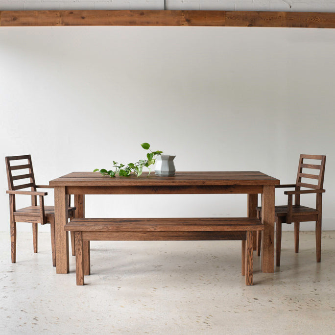 Plank Farmhouse Dining Table Pictured in Reclaimed Oak Walnut
Featured with our Farmhouse Wood Dining Chairs in Mixed Woods. Featured with our  &lt;a href=&quot;https://wwmake.com/products/reclaimed-wood-dining-chairs-barnwood-dining-chairs&quot;&gt; Farmhouse Dining Chair&lt;/a&gt; also Featured with our &lt;a href=&quot;https://wwmake.com/products/reclaimed-wood-seating-bench&quot;&gt; Farmhouse Wood Bench &lt;/a&gt; 