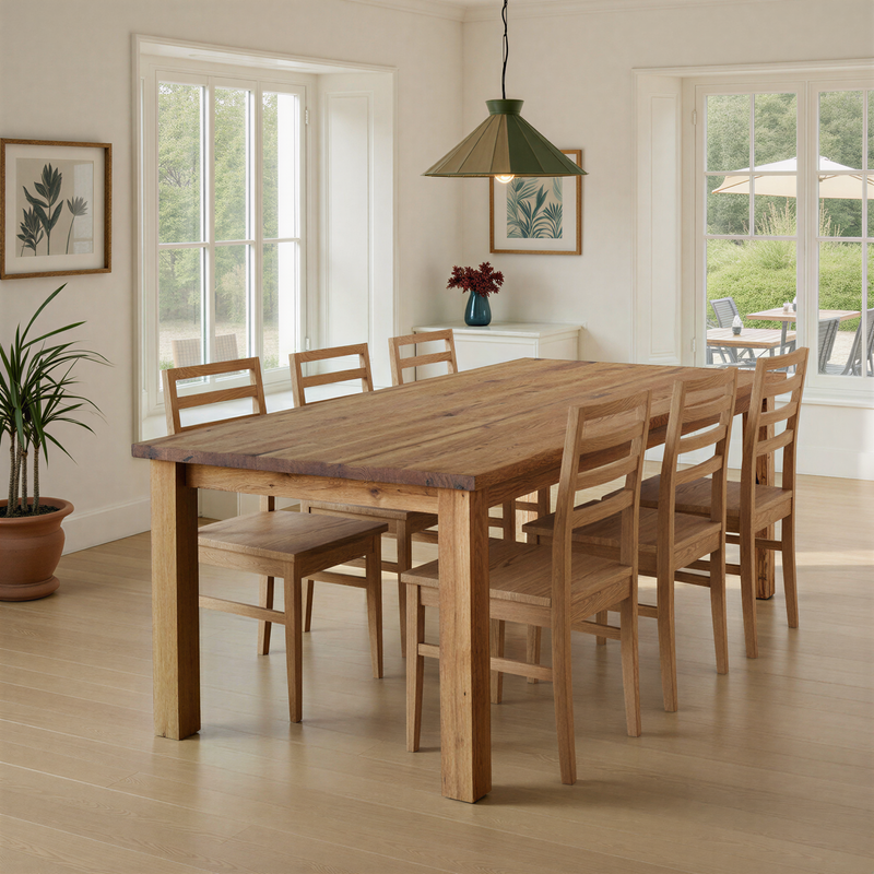 Plank Farmhouse Dining Table Pictured In Reclaimed Oak Clear. Set in an airy dining room with our Farmhouse Dining Chairs.