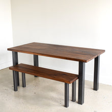 Industrial Post Leg Dining Table Pictured In Walnut Clear &amp; Blackened Metal Legs. Featured with our &lt;a href=&quot;https://wwmake.com/products/industrial-modern-reclaimed-wood-bench-u-shaped-metal-legs&quot;&gt; Industrial Post Leg Bench&lt;/a&gt; 