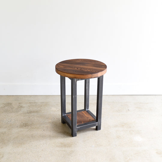 Round Wood End Table with Lower Square Shelf