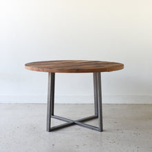  Round Criss Cross Base Dining Table in Reclaimed Oak Textured and Antiqued Metal Base