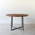  Round Criss Cross Base Dining Table in Reclaimed Oak Textured and Antiqued Metal Base