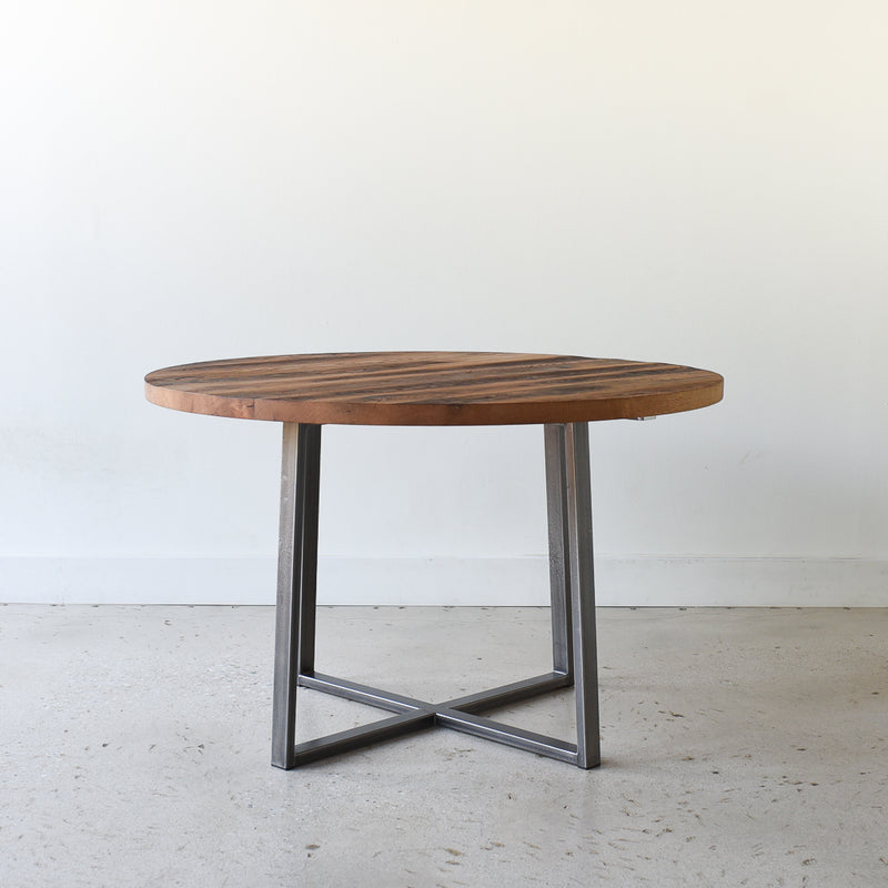  Round Criss Cross Base Dining Table in Reclaimed Oak Textured and Antiqued Metal Base
