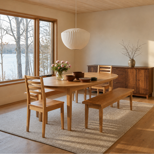A warm, modern dining room featuring our Tapered Leg Oval Dining Table,  Farmhouse Chairs ,  Tapered Leg Wood Benches  and our  Modern Prairie Credenza. 