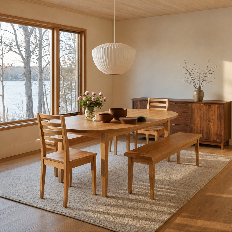 A warm, modern dining room featuring our Tapered Leg Oval Dining Table, <a href="https://wwmake.com/products/reclaimed-wood-dining-chairs-barnwood-dining-chairs"> Farmhouse Chairs </a>, <a href="https://wwmake.com/products/reclaimed-plank-bench-tapered-wood-legs"> Tapered Leg Wood Benches </a> and our <a href="https://wwmake.com/products/modern-prairie-storage-cabinet"> Modern Prairie Credenza.</a> 