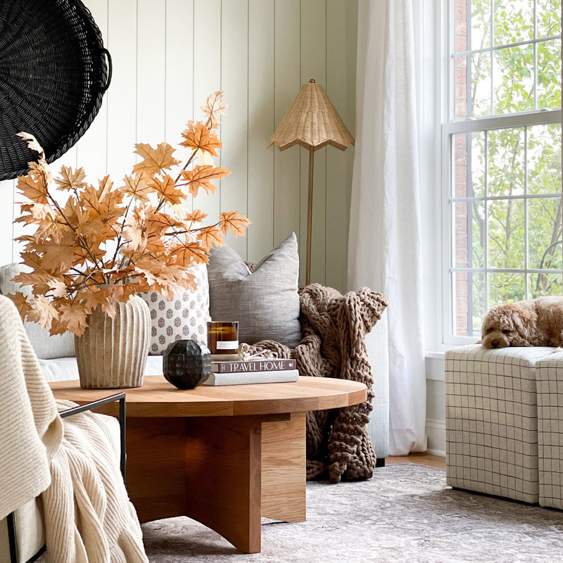 Sculptural Round Wood Coffee Table Pictured in White Oak Clear. Styled in fall decor by home influencer Julie Baird.