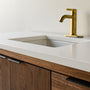 Showcasing the 1.5 inch thick soft white quartz vanity top with straight, slightly softened, rounded corner edge profile. 

