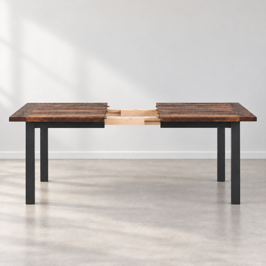 Steel Frame Extendable Dining Table - Reclaimed Oak Walnut & Blackened Metal Base