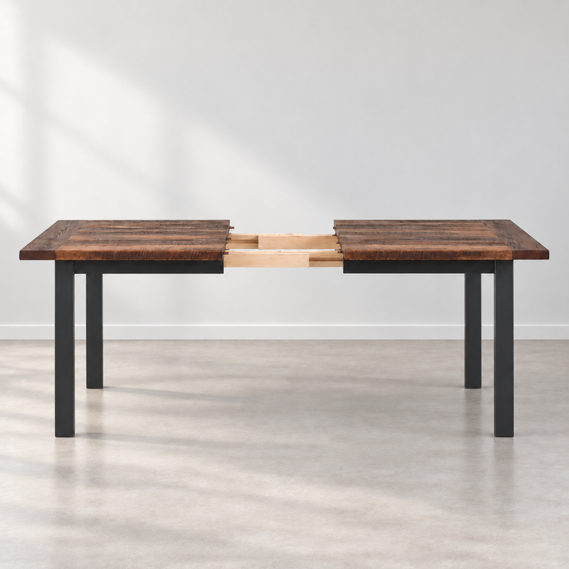 Steel Frame Extendable Dining Table - Reclaimed Oak Walnut &amp; Blackened Metal Base