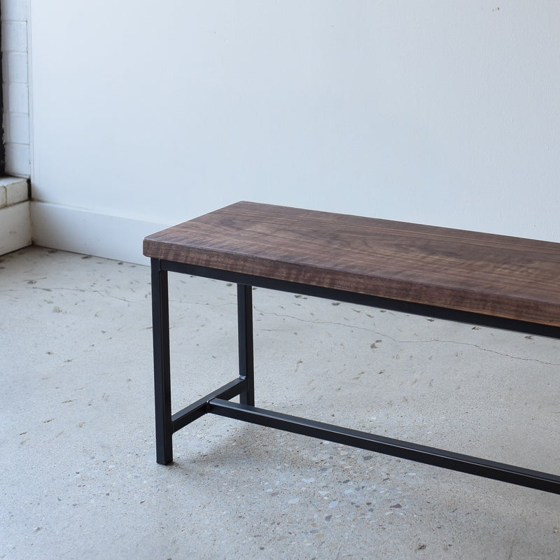 Stoic Industrial Wood Bench Pictured In Walnut Clear &amp; Blackened Metal