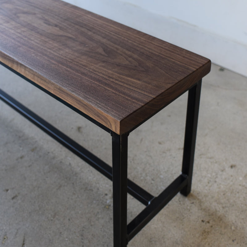 Stoic Industrial Wood Bench Pictured In Walnut Clear &amp; Blackened Metal