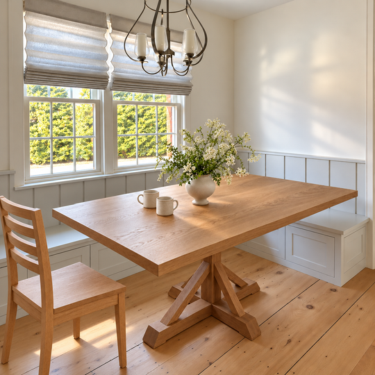 Solid white oak dining table with a pedestal base, shown in a bright, modern dining room with our matching farmhouse chair.