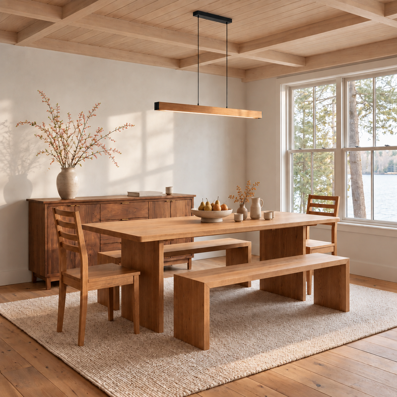 A warm wood dining room set with our Rounded Corner Timber Dining Table in White Oak Clear. Featuring matching tapered leg chairs, waterfall benches, and our Prairie Storage Cabinet.